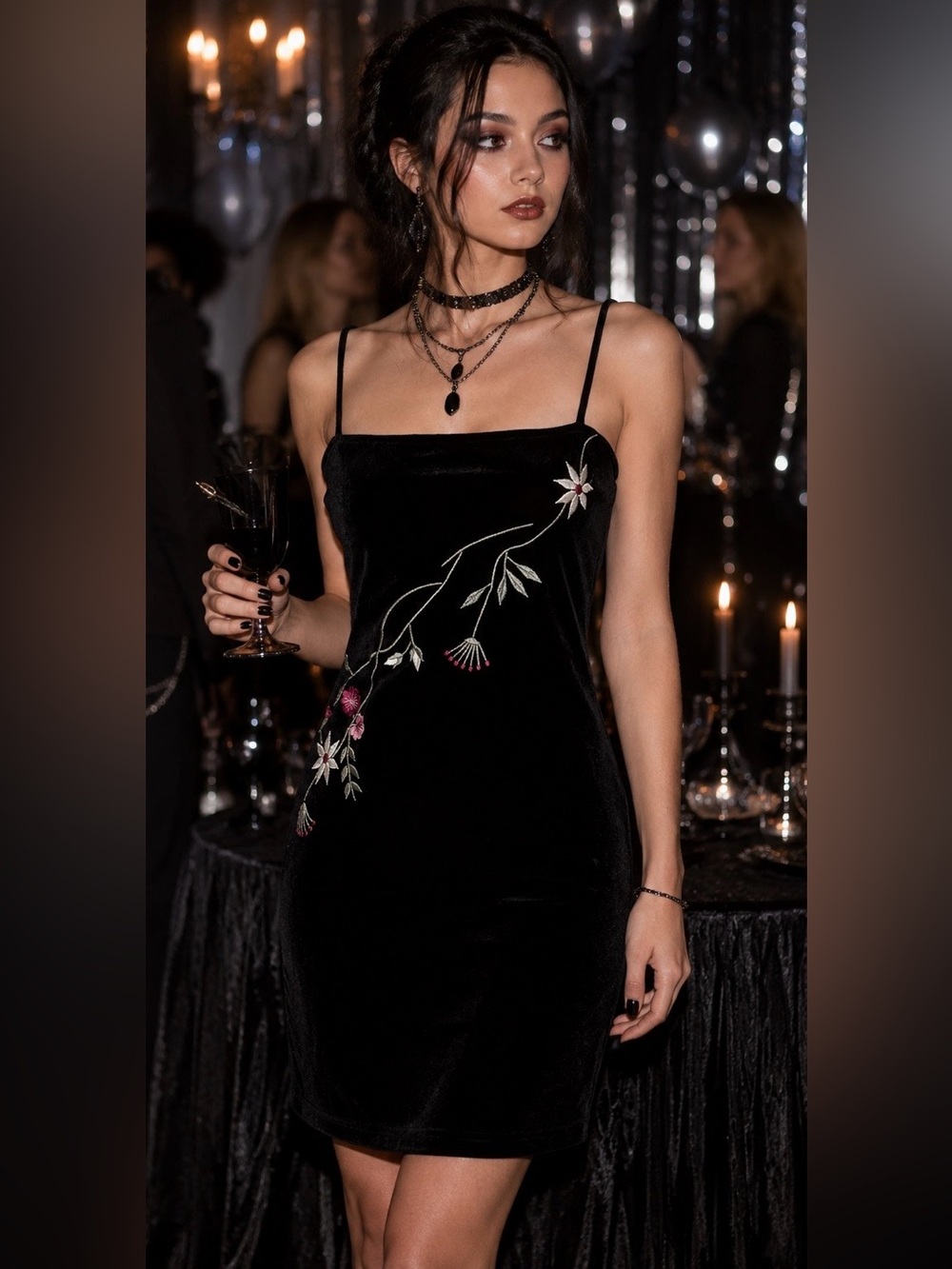 Vintage 90s City Triangles Black Velvet Dress S Embroidered Y2K Goth Whimsigoth - Picture 10 of 10
